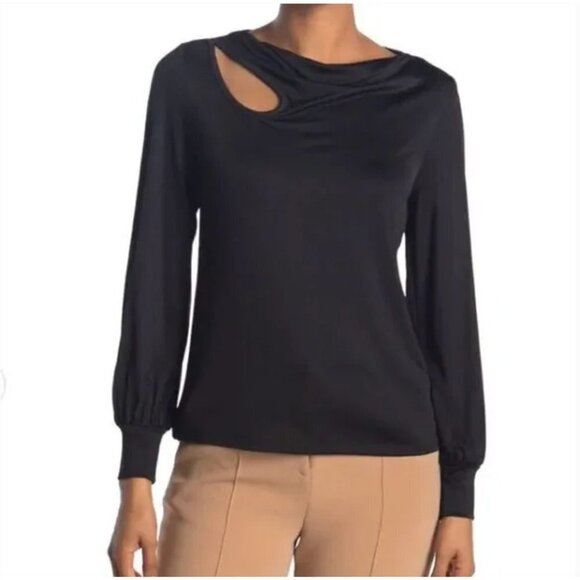 Trina Turk Molise Top Black Long Sleeve Cut Out Drape Neck Blouse Size Large NWT - Picture 1 of 11